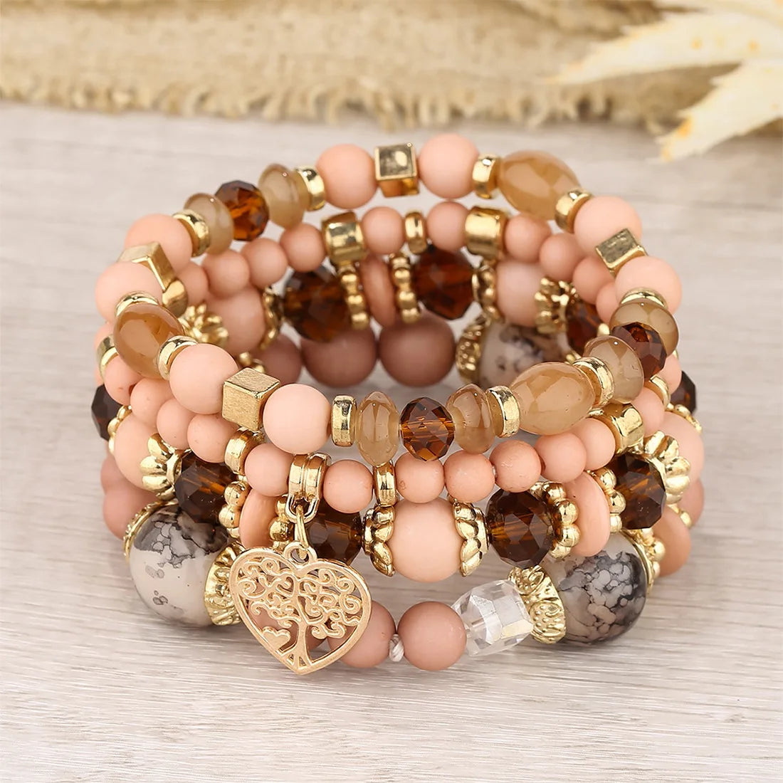 4 Stück Lebensbaum Herz Armband Set Für Frauen Acryl Glasperlen Kette Elastisches Armband Weibliche Mode Party Schmuck