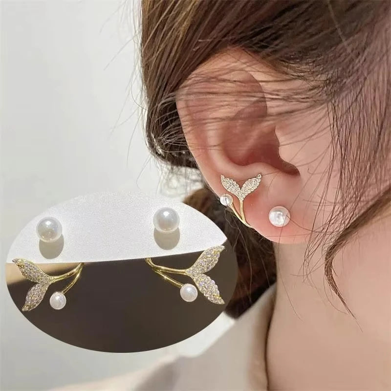Pendientes coreanos vintage de imitación de perlas y cristal para mujer, joyería de lujo de alta gama, pendientes de circonita con forma de flor, mariposa y hoja