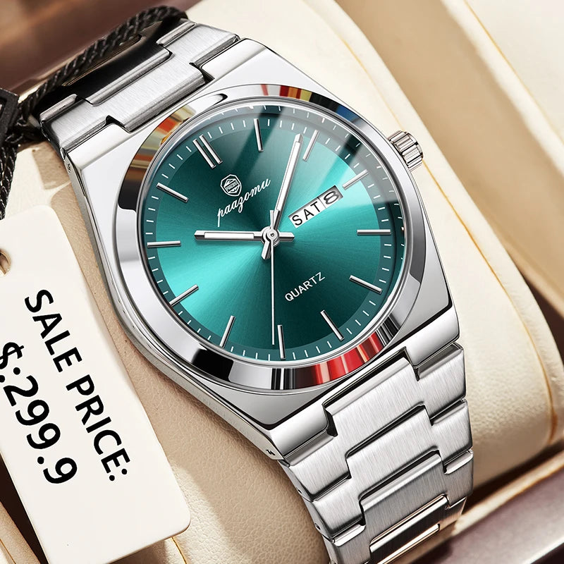 PAAZOMU Reloj de cuarzo de moda para hombre, de acero inoxidable, impermeable, luminoso, cronógrafo, fecha, multifunción para hombre