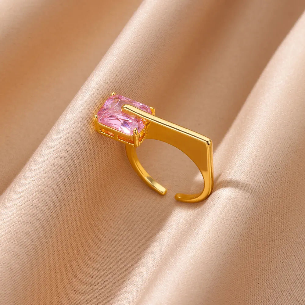 Zirkon geometrische Ringe für Frauen Luxus Edelstahl Gold Farbe Offener Ring Trendige Hochzeit Party Ästhetischer Schmuck Geschenk Femme