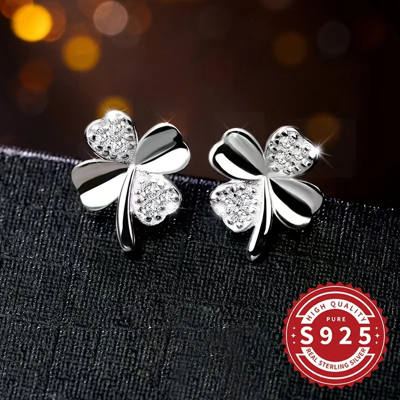 Paar glänzende Damen-Ohrringe mit vierblättrigem Kleeblatt, 925er Silber, klassisches schlichtes Design, elegant, niedlich, vielseitig für den Alltag, Geschenk