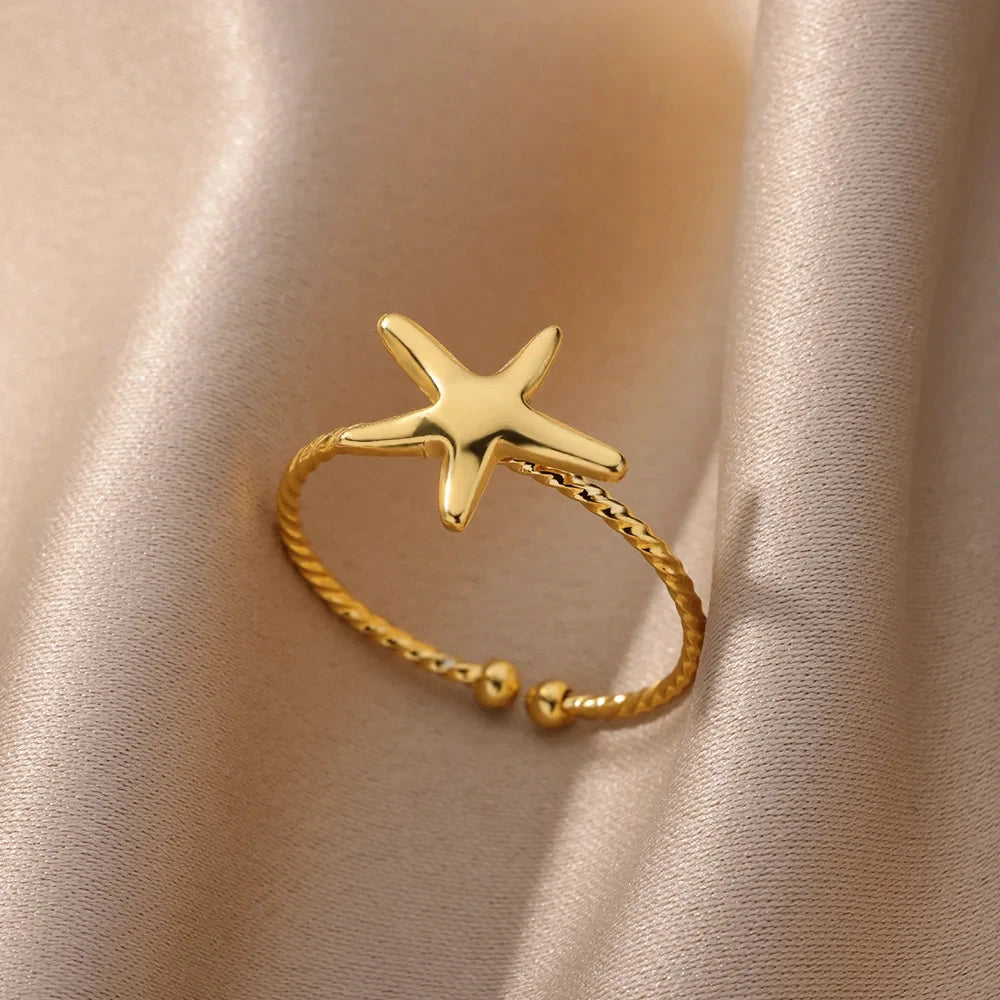 Ozean Seestern Muschel Offene Ringe Für Frauen Goldfarben Edelstahlring Sommer Strand Ästhetik Wasserdichter Schmuck Geschenk