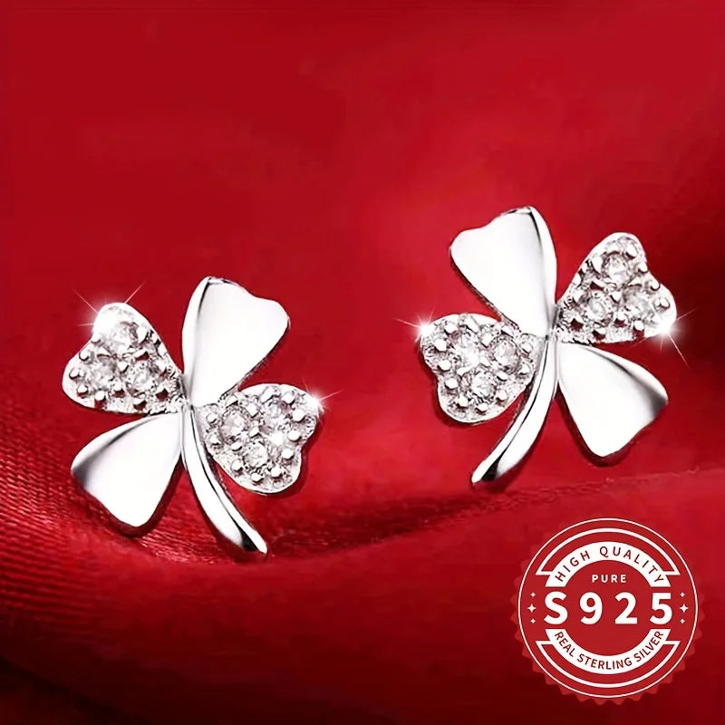 Paar glänzende Damen-Ohrringe mit vierblättrigem Kleeblatt, 925er Silber, klassisches schlichtes Design, elegant, niedlich, vielseitig für den Alltag, Geschenk