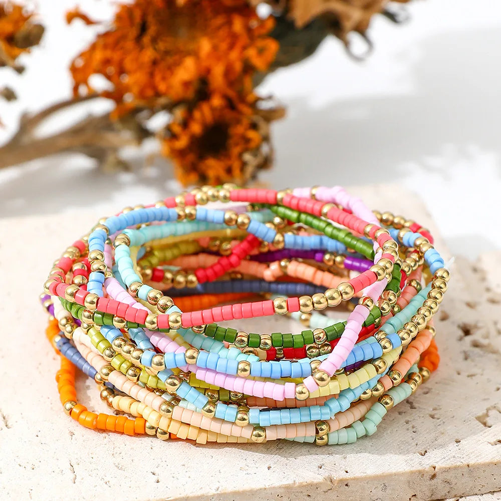 Boho-Stil Perlenarmband-Set für Damen – Bunte Perlen, dehnbares Strangarmband, Kettenarmreif, Mädchen, Sommer, Strand, Urlaubsschmuck