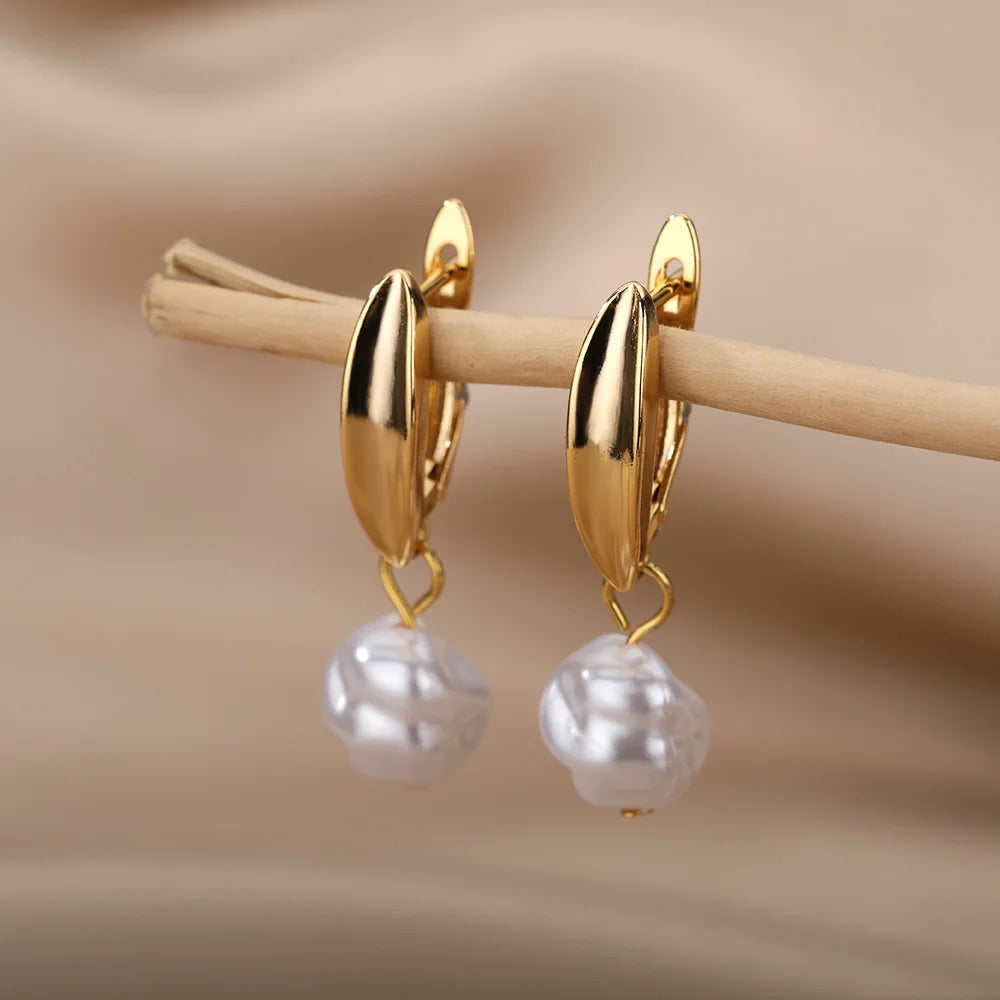 Pendientes colgantes de perlas de imitación Fashion Circle para mujer, de color dorado, de acero inoxidable, redondos, geométricos, de aro, joyas para boda