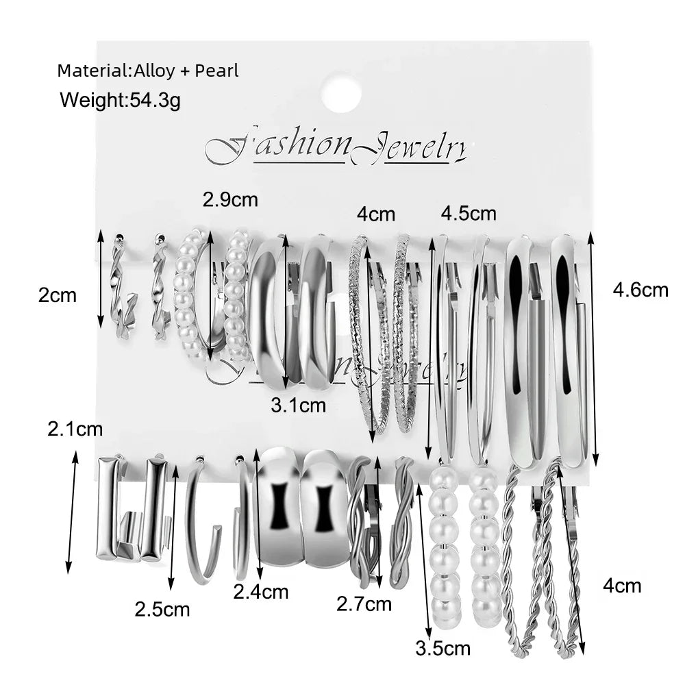 24 Stück Vintage Silberfarbene Y2K Perlenohrringe für Frauen Geometrie Runde Kreis Eckige Creolen Ohrring-Set Mode Damenschmuck