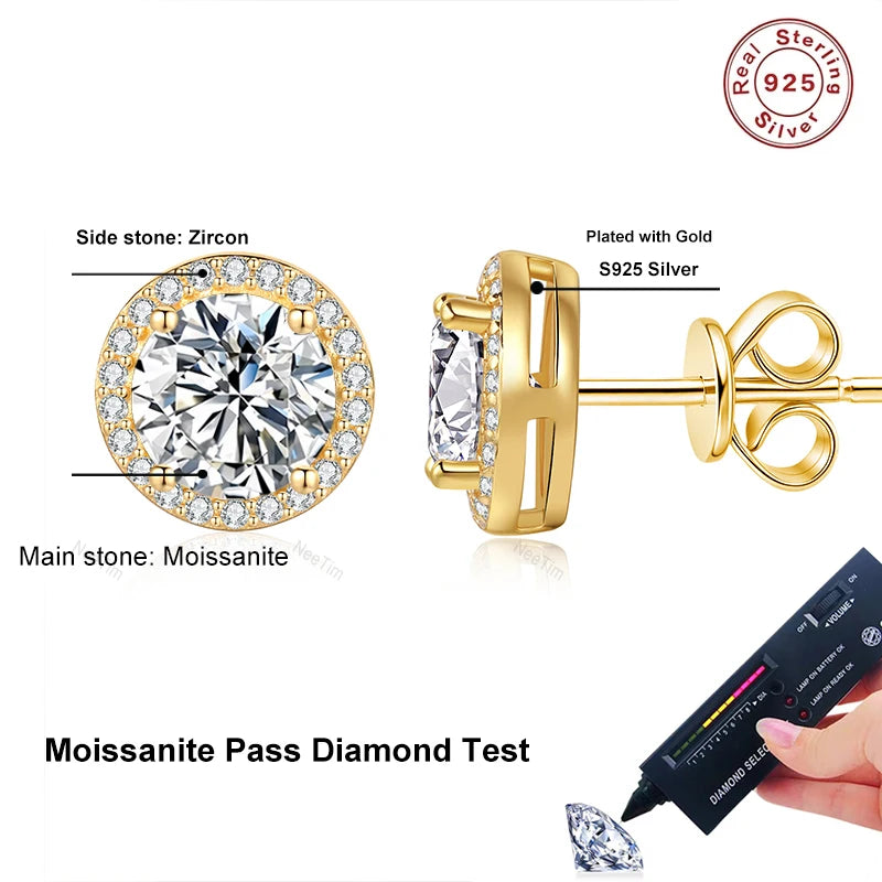NeeTim 0.5ct 1ct 2ct Moissanit Ohrstecker für Damen Party Braut S925 Sterlingsilber mit Vergoldung Labor-Diamant-Ohrringe