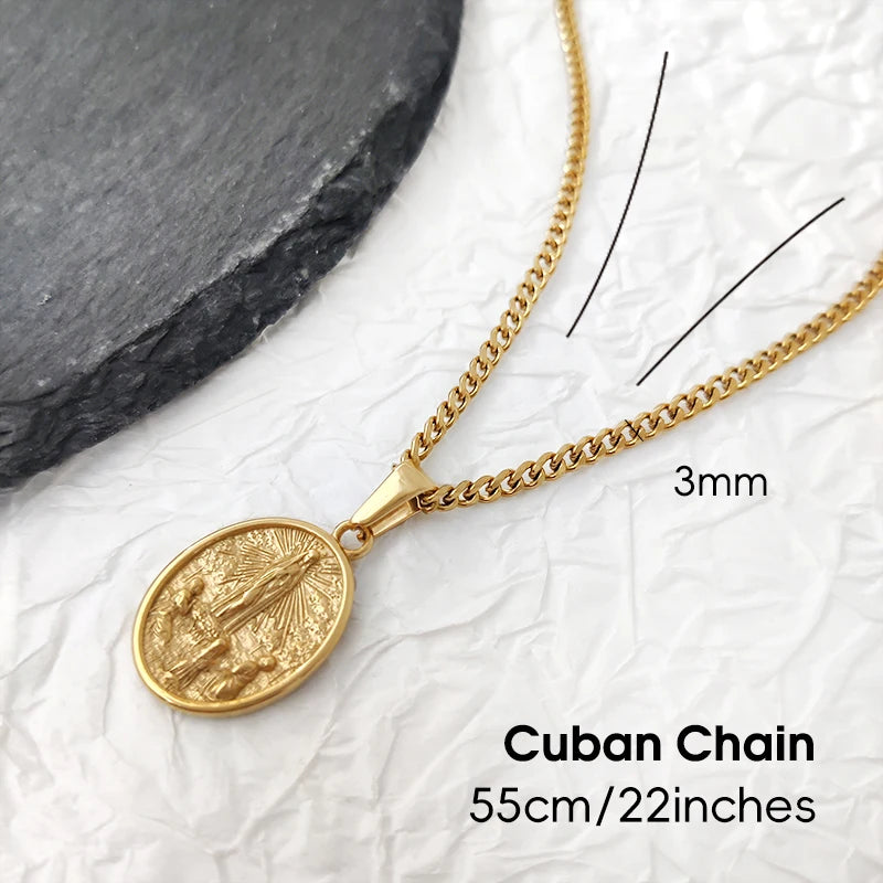 Collar con Colgante de Hip Hop Jesús y la Virgen María - Joyería de Acero Inoxidable con Chapado en Oro de 18K PVD para Regalo de Hombre