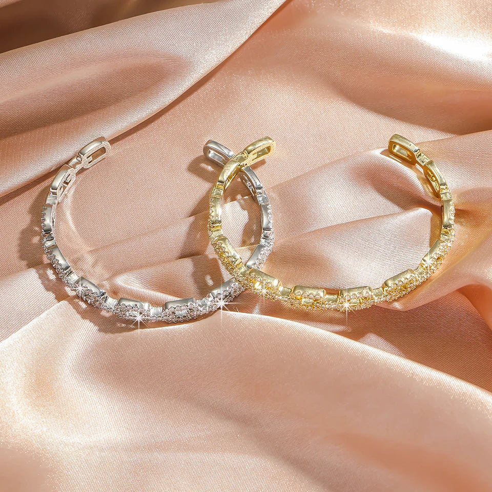 Yupsk Shiny Zircon Hollow Rectangle Link Cuff Bangle Bracelet for Women Luxury Wedding Party Jewelry Women's Gift