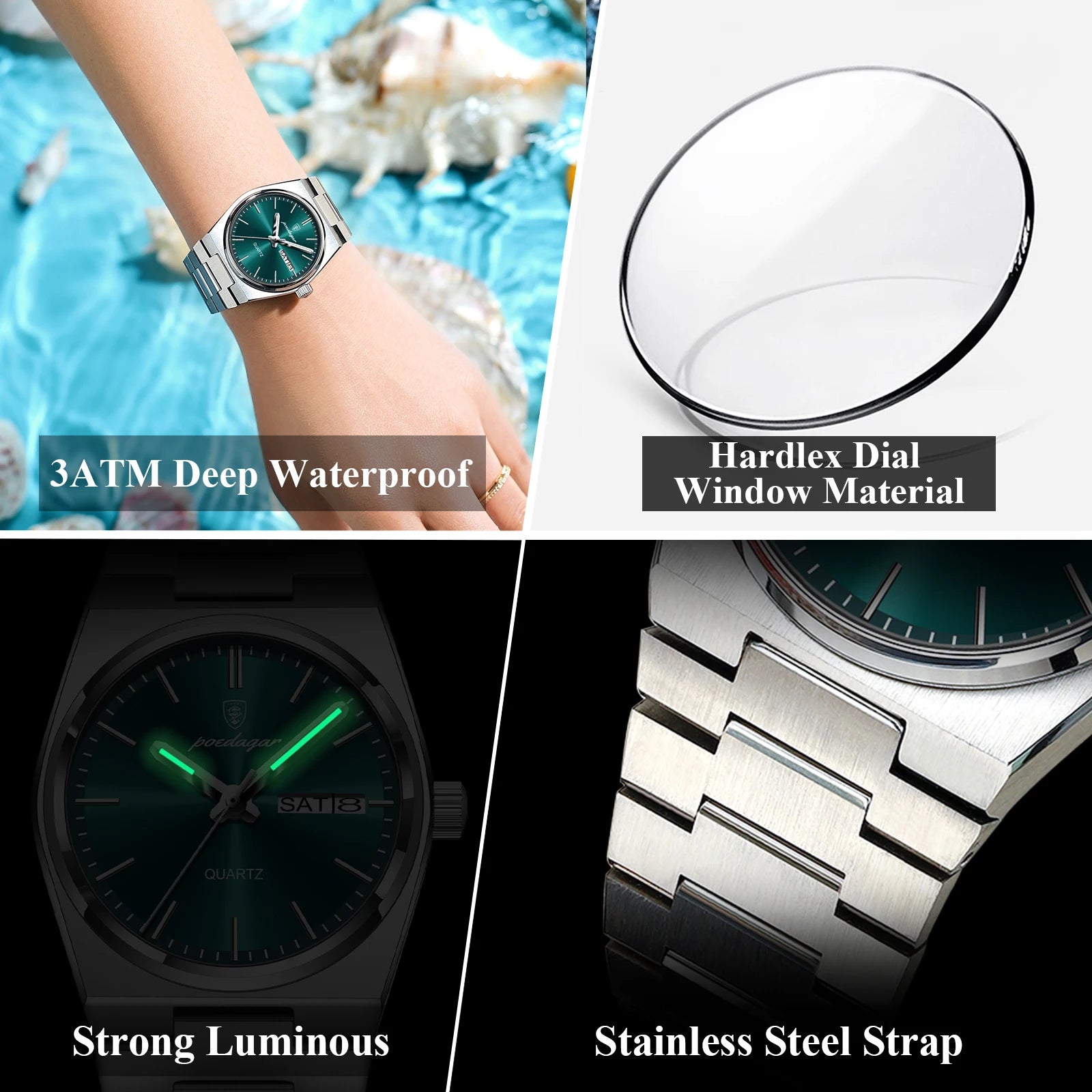 POEDAGAR Reloj de lujo para mujer, impermeable, luminoso, a la moda, de cuarzo, para señora, con fecha, día de la semana, de acero inoxidable, Reloj