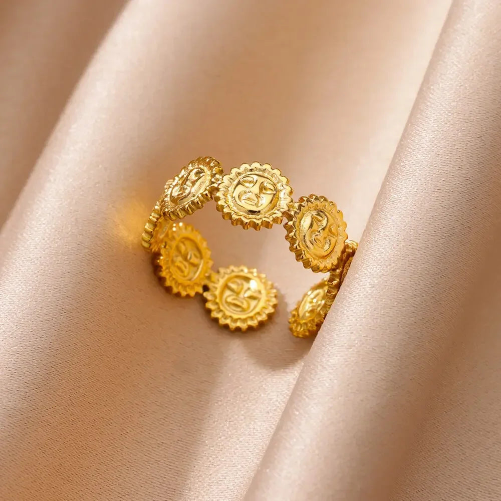 Anillos de Sol Vintage para Mujer Color Dorado Acero Inoxidable Anillo de Sol Boda Pareja Estético Moda Boda Navidad Joyería Regalo