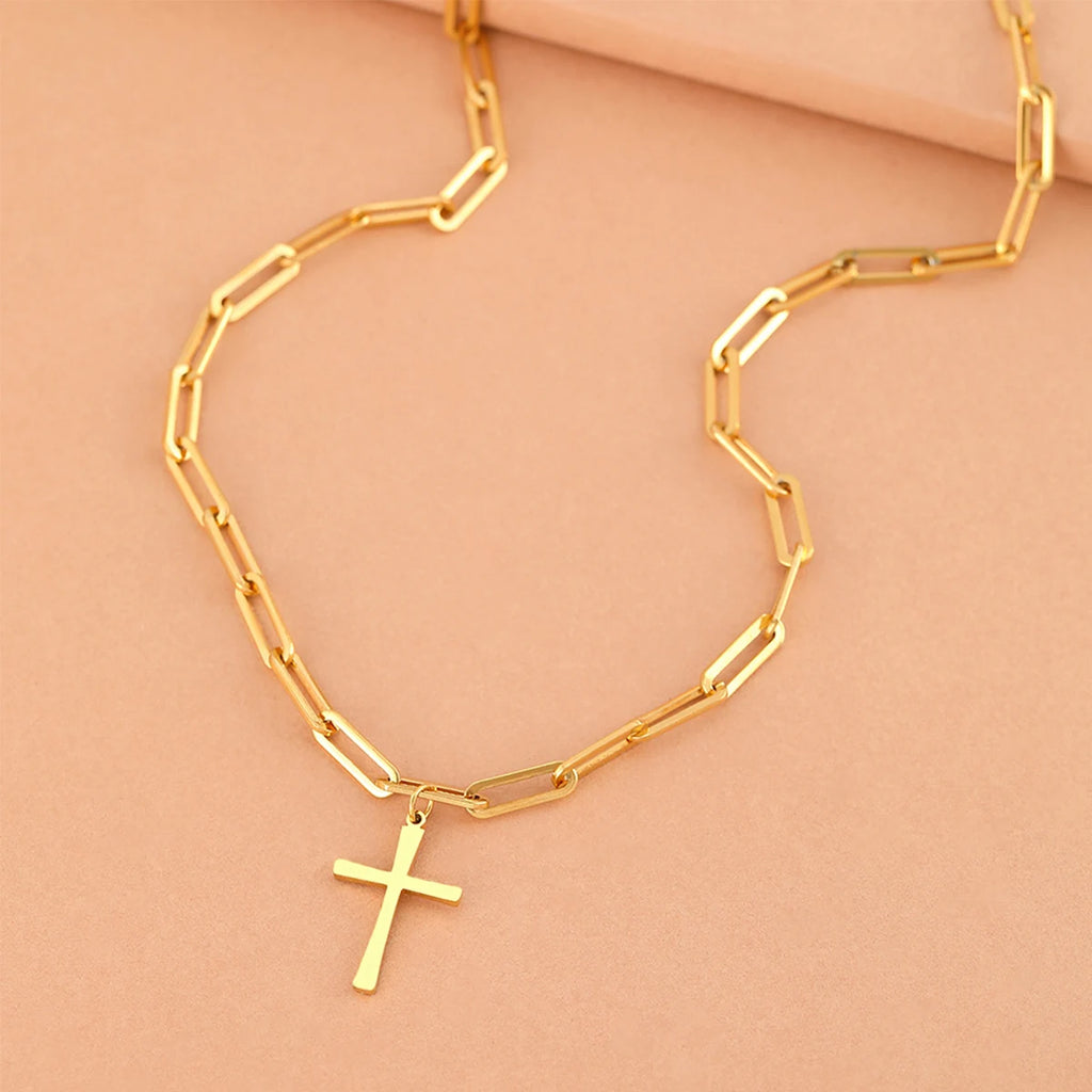 Cross Gold Color Pendant Necklaces for Women Stainless Steel Christian Jewelry Long Chain Necklace Gift