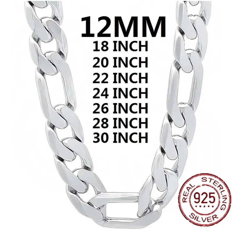 Halskette aus massivem 925er Sterlingsilber für Herren, klassische 12-mm-Cuban-Kette, 18–30 Zoll, Anhänger, hochwertiger Modeschmuck, Hochzeit