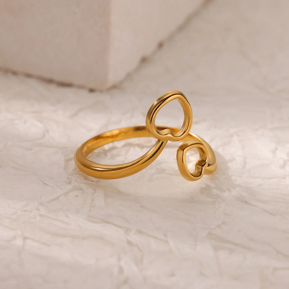 Anillos de doble corazón para mujer, color dorado, acero inoxidable, anillo abierto ajustable, joyería estética de moda para fiesta o boda, regalo