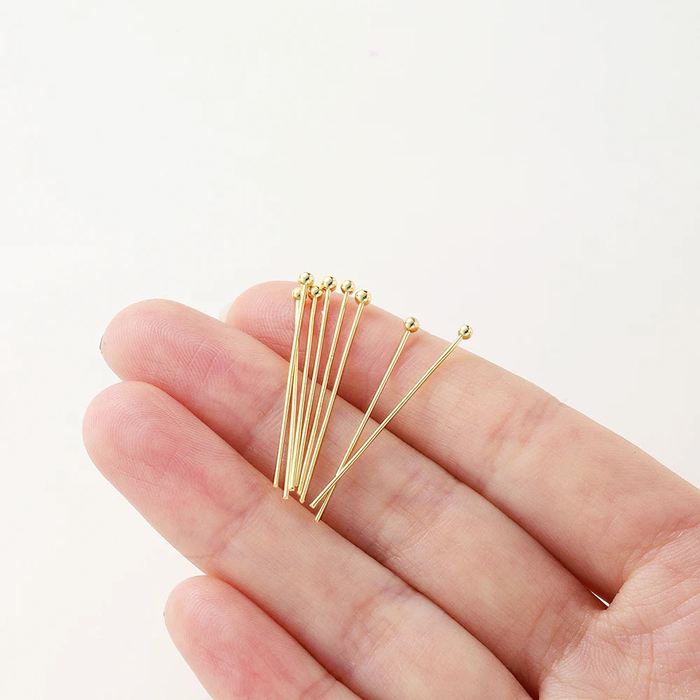 100 unidades/lote de 16-50 mm chapados en oro de 14K y 18K, alfileres de cabeza redonda para hacer joyas, accesorios de latón, metal, alfileres de cabeza plana y de ojal