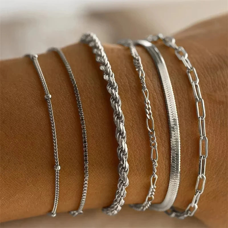 6tlg. Armbandset in Goldfarbe Boho Retro Dicke Twist-Cuban-Kettenarmbänder für Damen 2023 Trendiger Qualitätsschmuck Geschenke