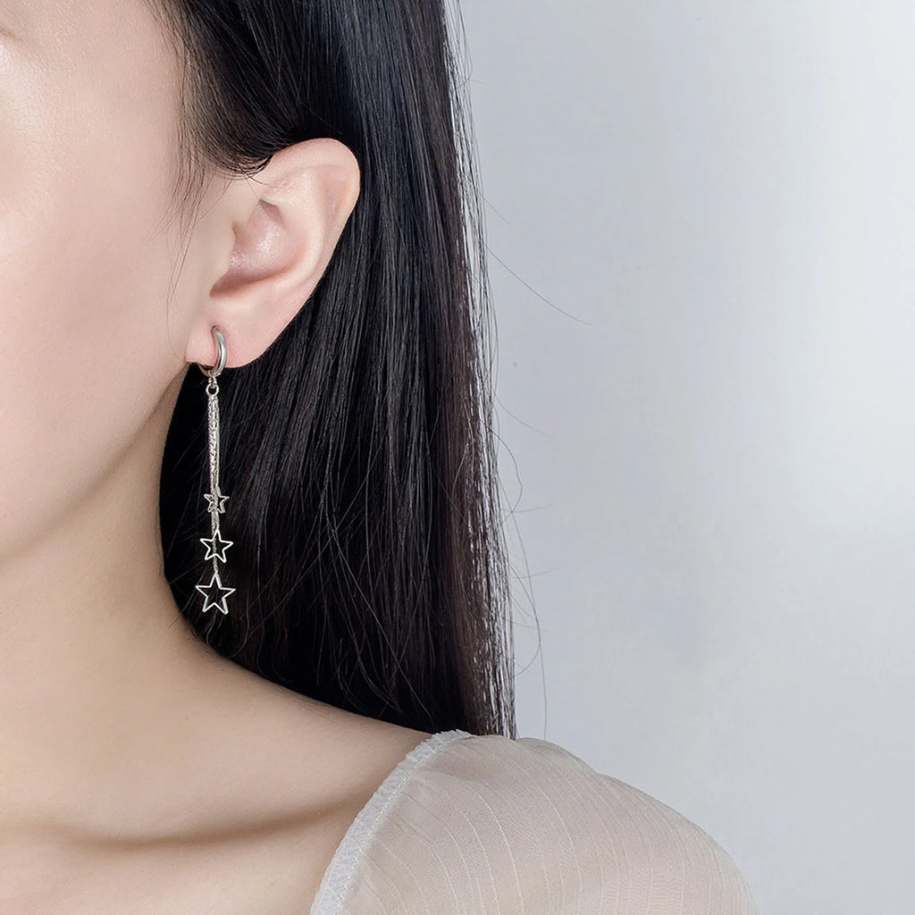 Elegante beliebte Drei-Sterne-Creolen für Damen, 925er Sterlingsilber, Party-Schmuck, wunderschöne lange Quastenohrringe, elegant