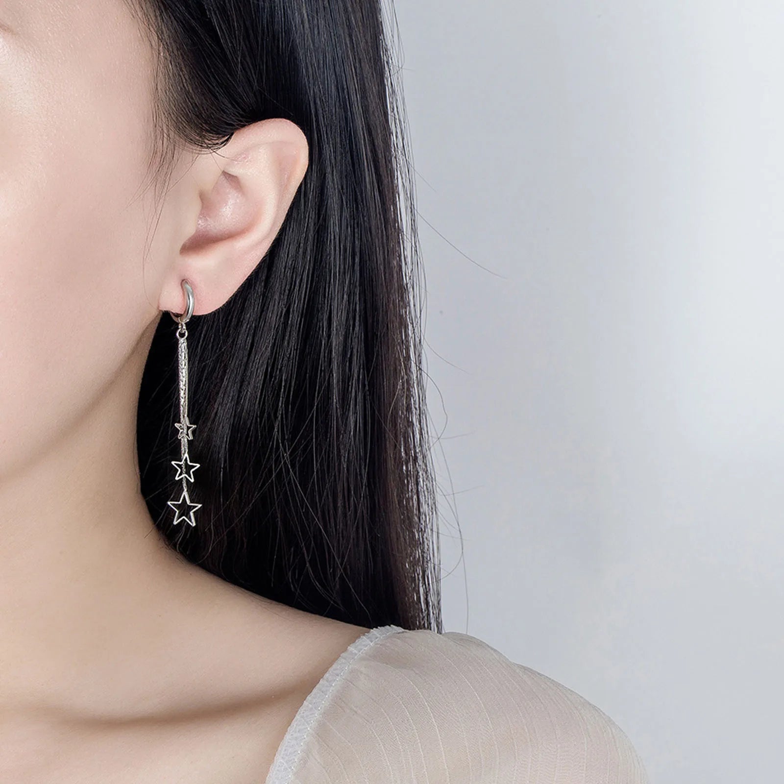 Pendientes de aro elegantes y populares de tres estrellas para mujer, de plata de ley 925, joyería de fiesta, pendientes largos de borla, elegantes