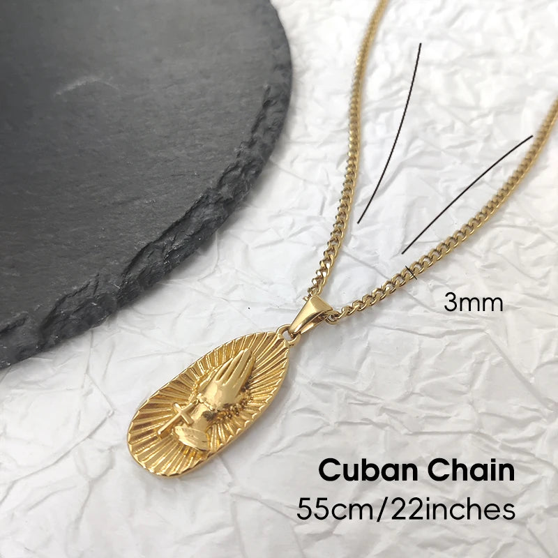 Collar Hip Hop con Manos Orando - Joyería Cristiana Budista para Hombres y Mujeres | Regalo Religioso de Acero Inoxidable Chapado en Oro