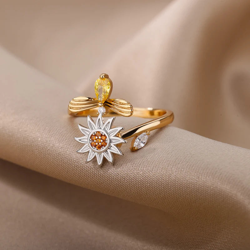 Anti-Stress Angst Fidget Ringe für Frauen Edelstahl Sonnenblume Sonne Stern Spinner Ring Weihnachtsgeschenke Dropshipping