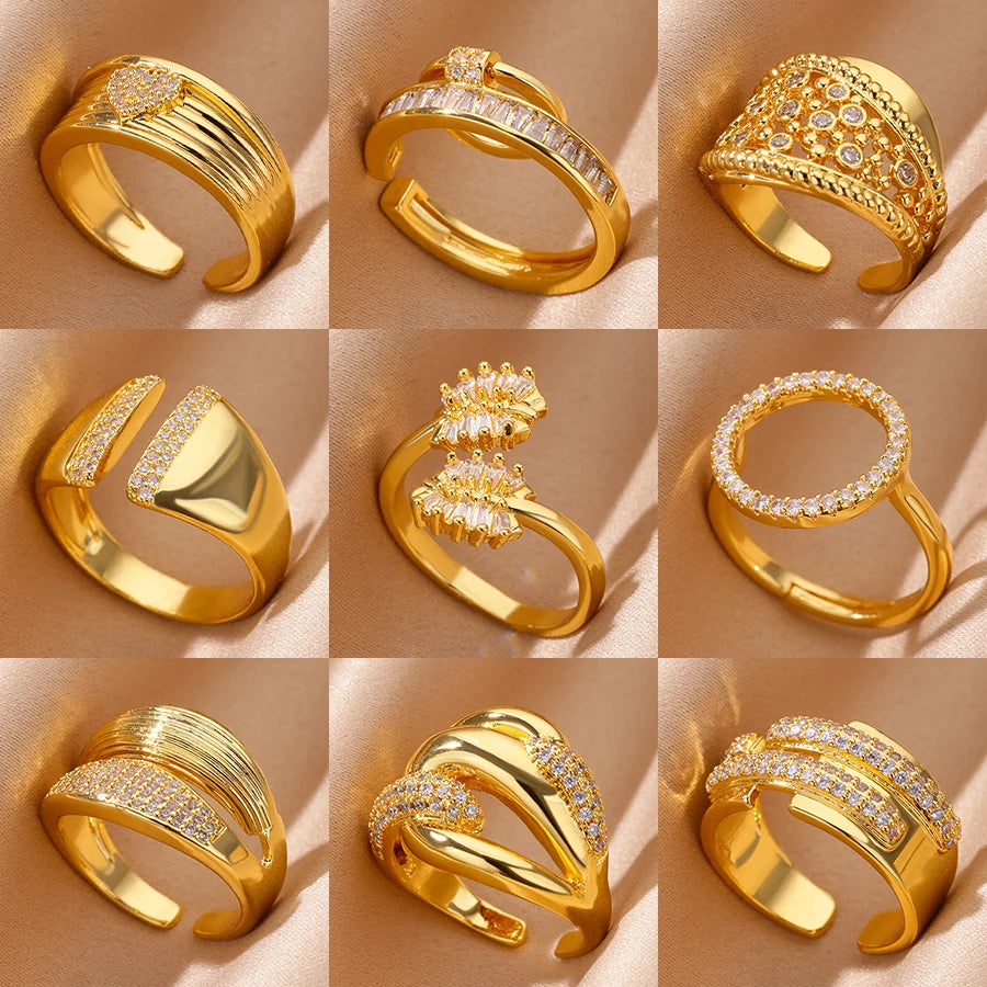 Zirkon geometrische Ringe für Frauen Luxus Edelstahl Gold Farbe Offener Ring Trendige Hochzeit Party Ästhetischer Schmuck Geschenk Femme