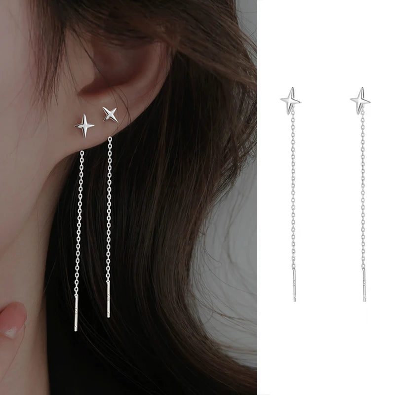 JWER S925 Silver Needle Star Line Earring for Women Tassel Drop Earring Long Chain Beads Piercing Earring Asymmetry Ear Jewelry