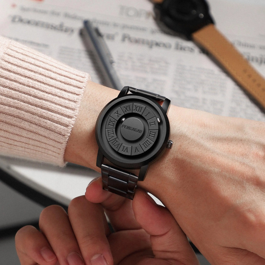 Relojes de hombre PENGAGAR, reloj de cuarzo de acero inoxidable, puntero de desplazamiento creativo, reloj de pulsera con fuerza magnética, Relogio Masculino + caja