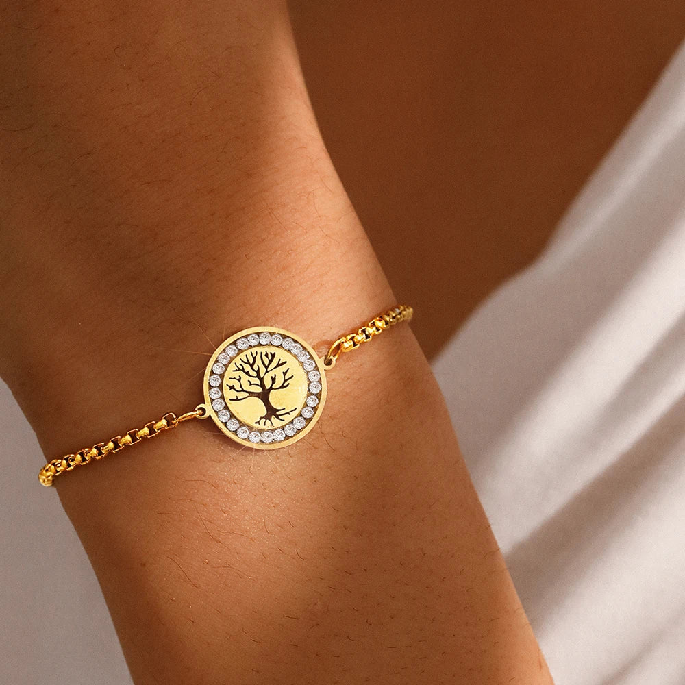 DOTIFI Edelstahl Armbänder Exquisites Lebensbaum Kristall Anhänger Kette Trendiges Armband Für Frauen Schmuck Nicht verblassend