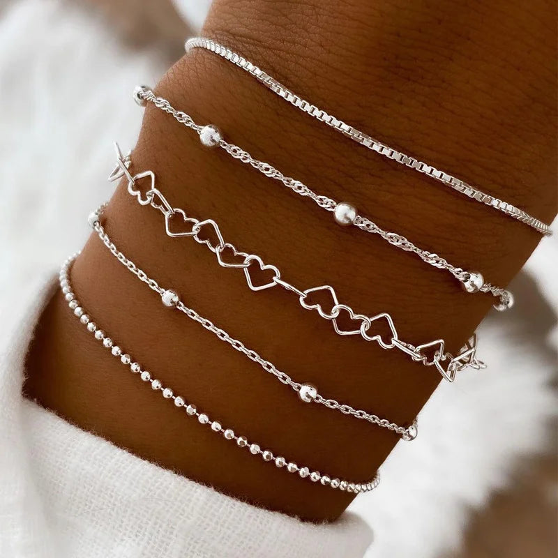 5/15-teiliges Set silberfarbene Kettenperlenarmbänder für Frauen Schlichter, eleganter Urlaub, Strandparty, Freizeit-Schmuck, vielseitig, für den Alltag