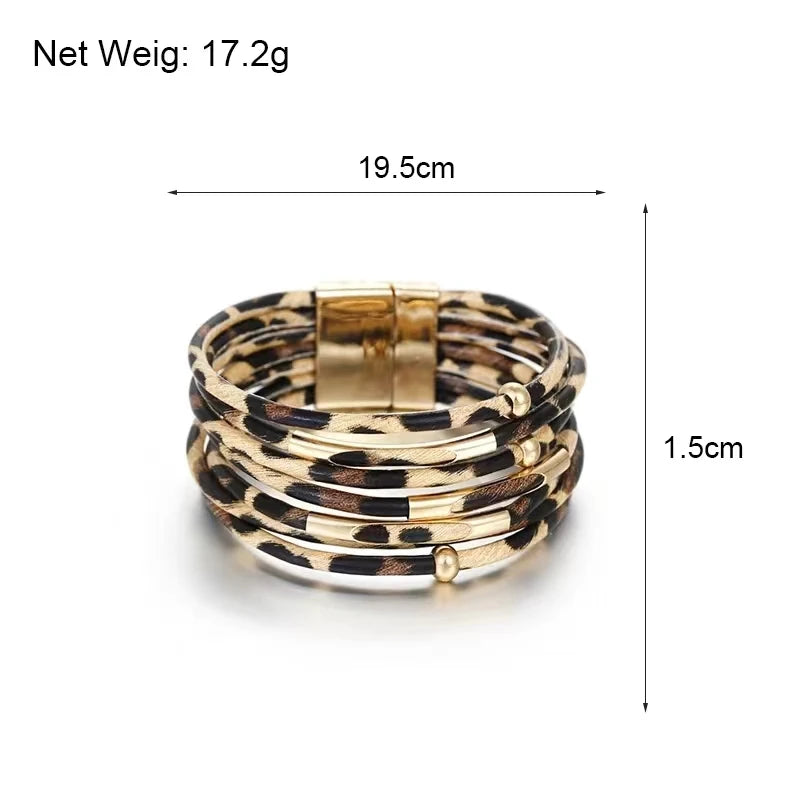 Vintage Metallröhre Leopard Leder Armband für Frauen Männer Boho Mehrschicht Wickel Breites Armband Anhänger Schmuck