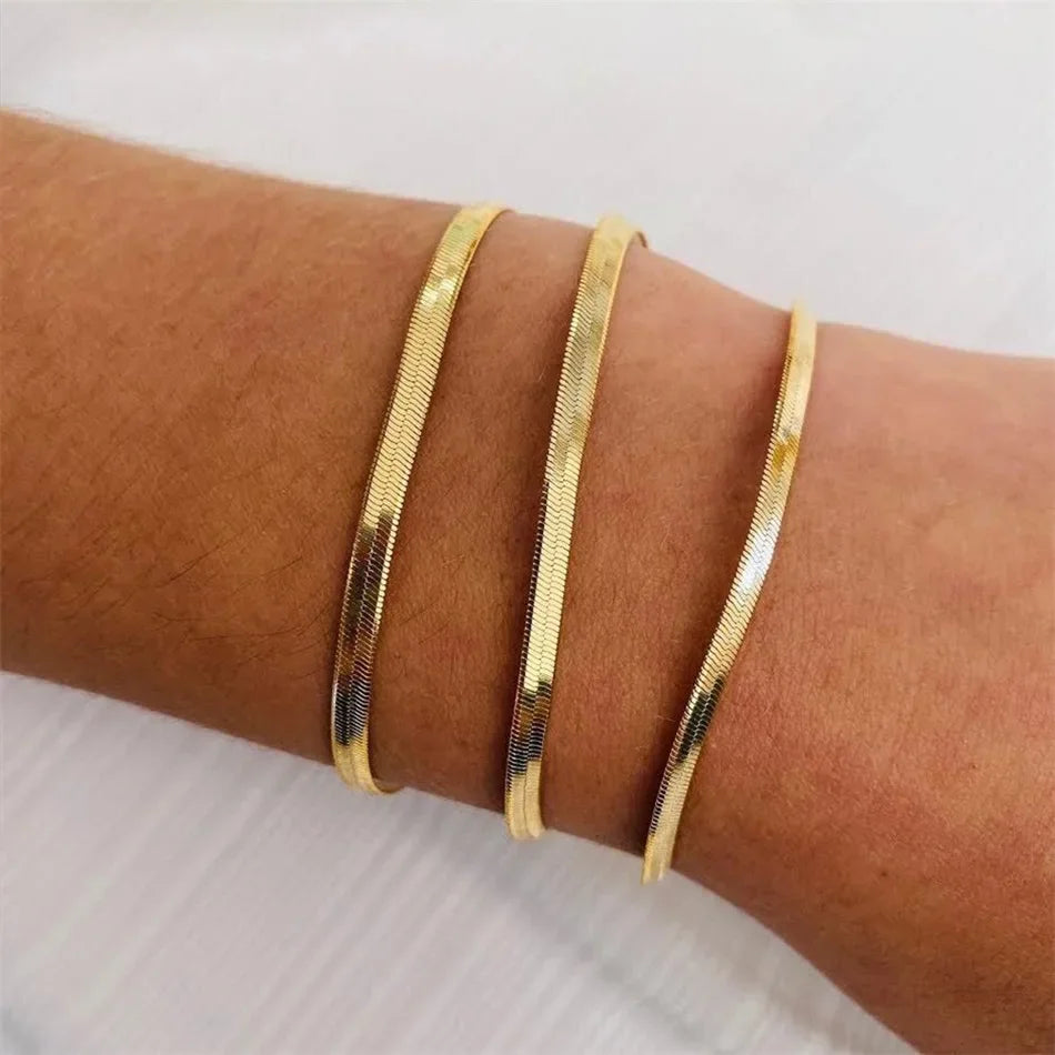 SUNIBI Damen Trend Klassisches Schlangenkette Armband Goldfarbe Breite 2/3/4/5MM Edelstahl Armband Für Frauen Schmuck Geschenk