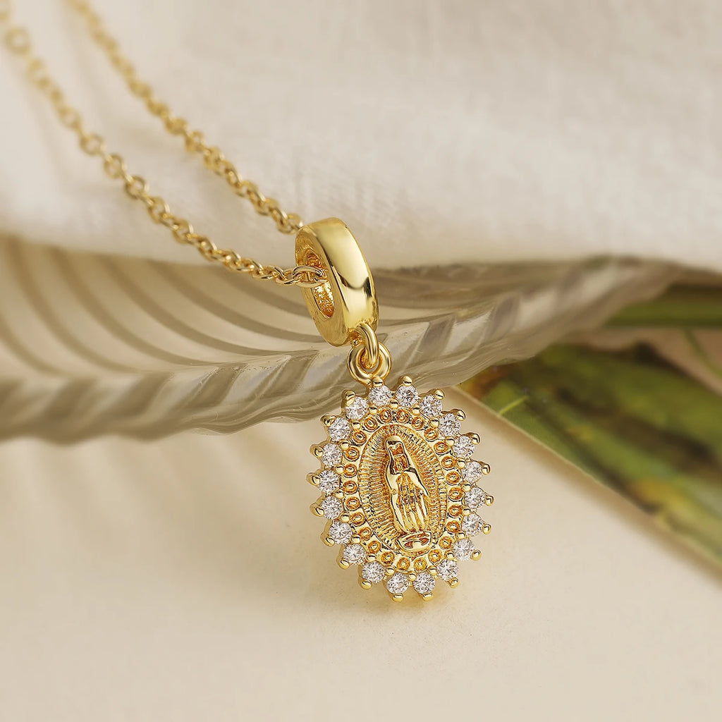 NEWBUY Trendy Gold Color Shiny AAA CZ Zircon Virgin Mary Pendant Necklaces For Women Gift