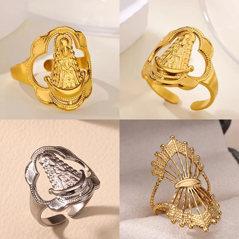 Vintage Jungfrau Maria offener Ring für Damen Edelstahl Gold Farbe Religiöser Ring Jesus Christlicher Schmuck Party Geschenk