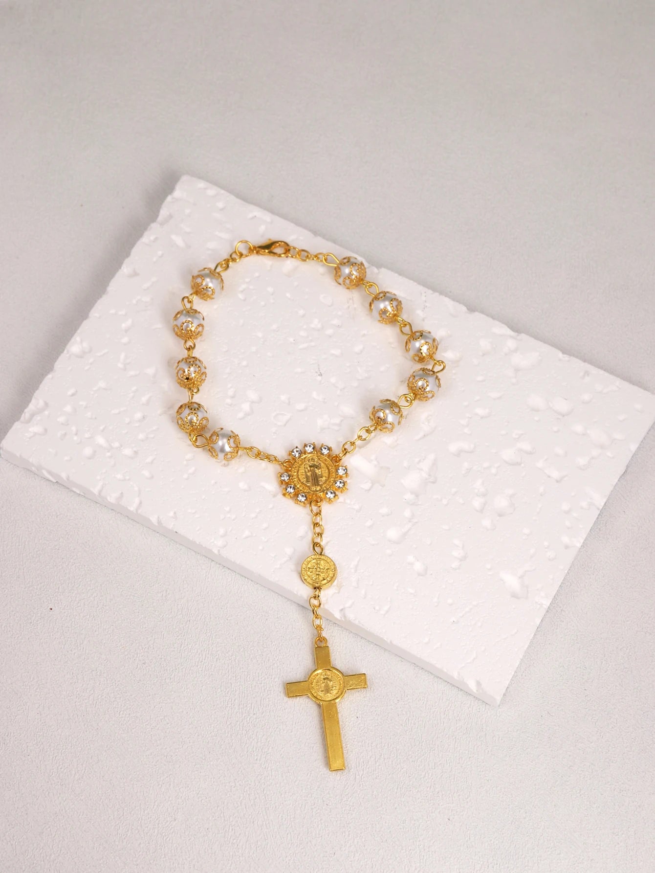 Rosenkranz-Armband mit zehn Perlen, Heiliger Benedikt, Kruzifix, göttliche Barmherzigkeit, Geschenk für Frauen und Männer