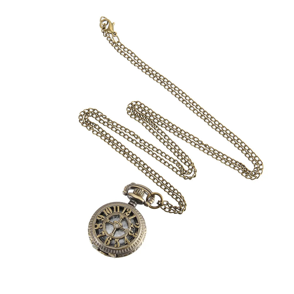 Vintage Pocket Small Watch Steampunk Quartz Watch With Chain Hollow Heart Cover Necklace Bronze Color Alloy Fob Clock Men Gift