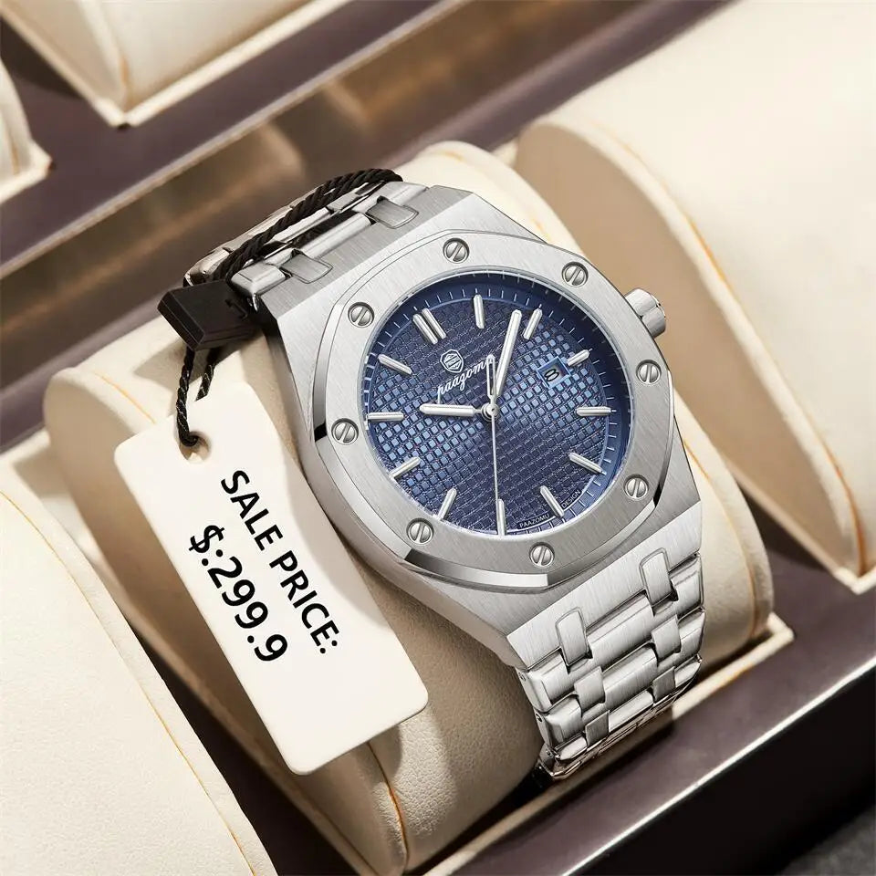 PAAZOMU Relojes de lujo para hombre, acero inoxidable, impermeable, luminoso, con fecha y semana, moda informal, reloj de cuarzo para hombre
