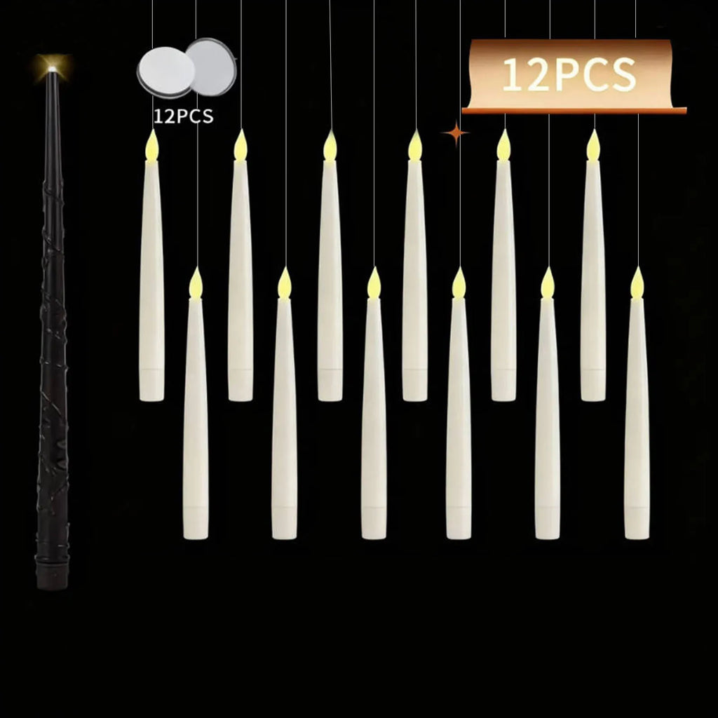 Schwebende Kerzen mit Zauberstab, 12 Stück magische hängende Kerzen, flackerndes warmes Licht, flammenlose schwebende LED-Kerze, Halloween-Dekoration