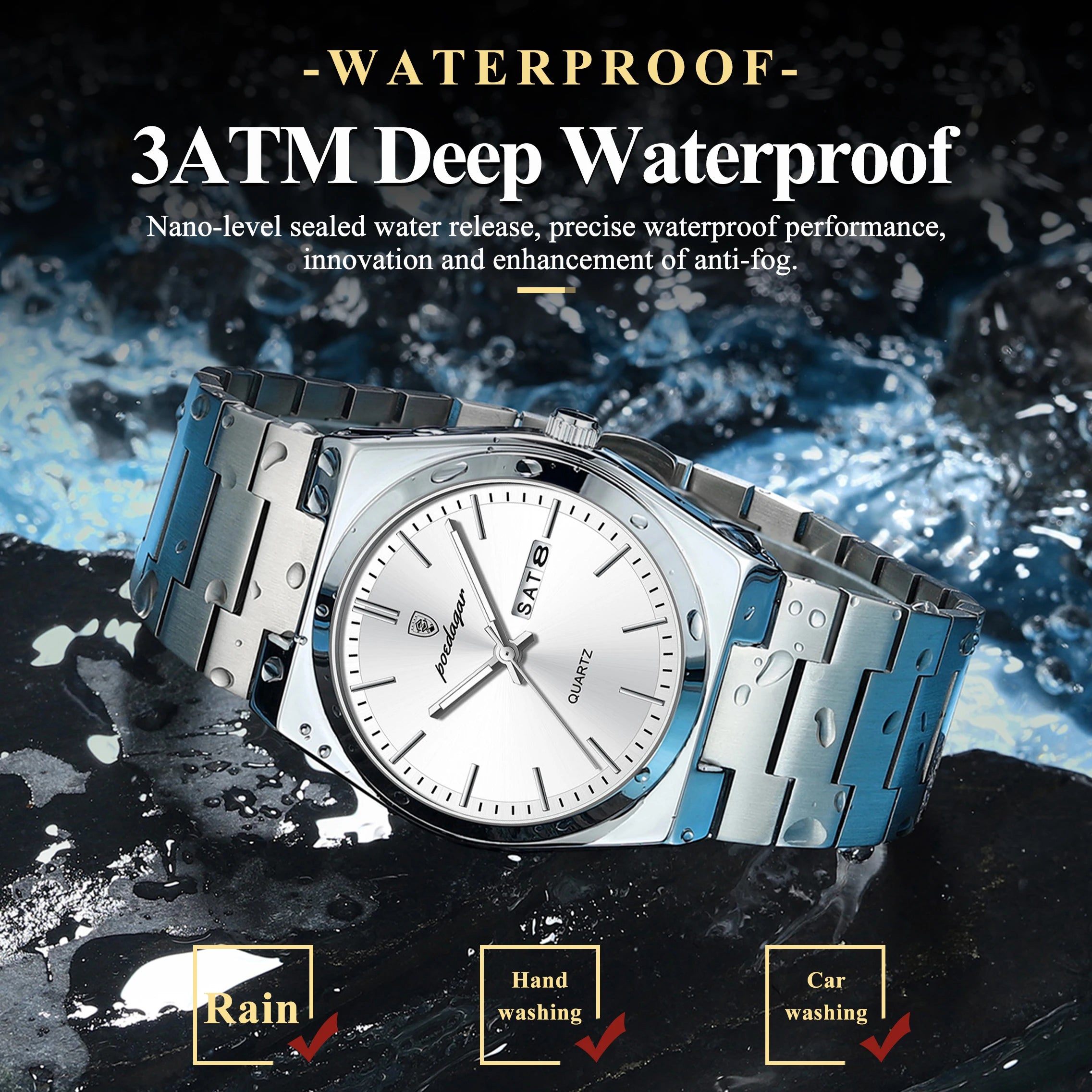 POEDAGAR Lujoso Reloj de Pulsera de Negocios para Hombre, Impermeable, Luminoso, de Acero Inoxidable, con Fecha, Semana, Moda, Relojes de Cuarzo para Hombre+Caja