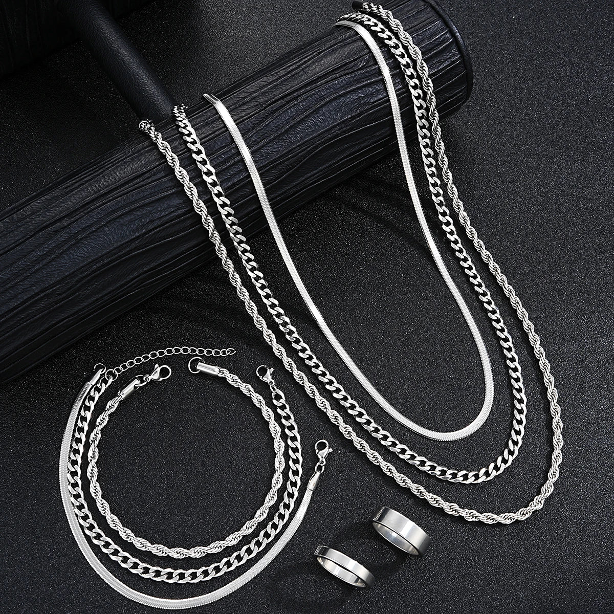 2024 Neue schlichte Edelstahl-Schmucksets in Silber für Herren Unisex Punk Vintage Glatter Ring Halskette Armband Set Geschenke