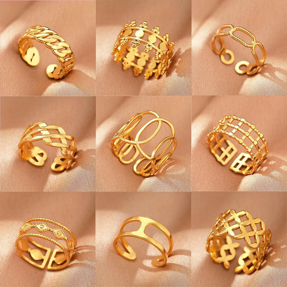 Edelstahlringe Vintage Exquisit Hohl Einstellbare Offene Statement-Ringe Leichte Luxus-Mode-Ringe für Frauen Schmuck Neu