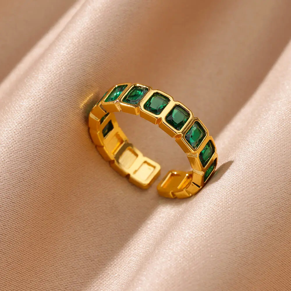 Grüne Zirkonia Herzringe für Damen, Vintage Goldfarben, Edelstahl, offener Ring, modischer ästhetischer Schmuck, Hochzeitsgeschenk
