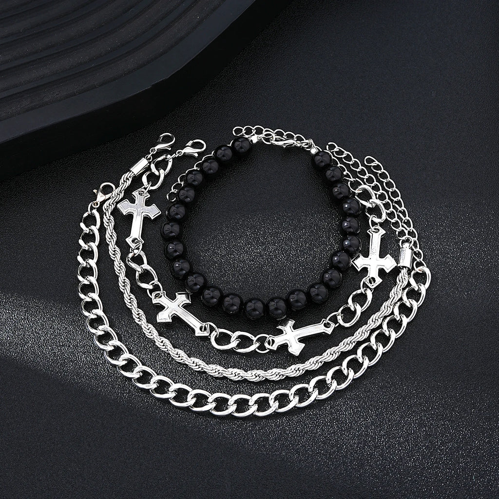 4 Stück Edelstahl Armband Set Für Männer Frauen Punk Mode Kreuz Perlen Kettenarmbänder Einfache Hip Hop Unisex Schmuck Geschenk Neu