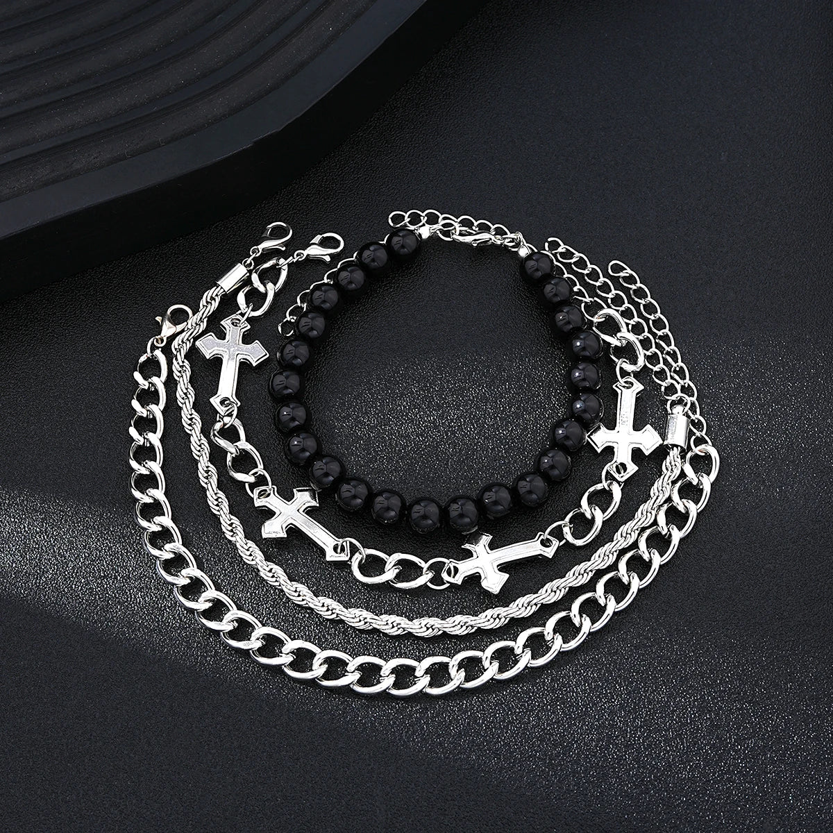 4 Stück Edelstahl Armband Set Für Männer Frauen Punk Mode Kreuz Perlen Kettenarmbänder Einfache Hip Hop Unisex Schmuck Geschenk Neu