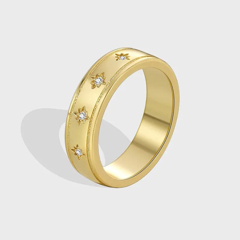 925 Sterling Silber Stern Chunky Ring für Frauen Vintage Trendy Gold Farbe Zirkonia Fingerringe Punk Accessoires Schmuck Geschenk