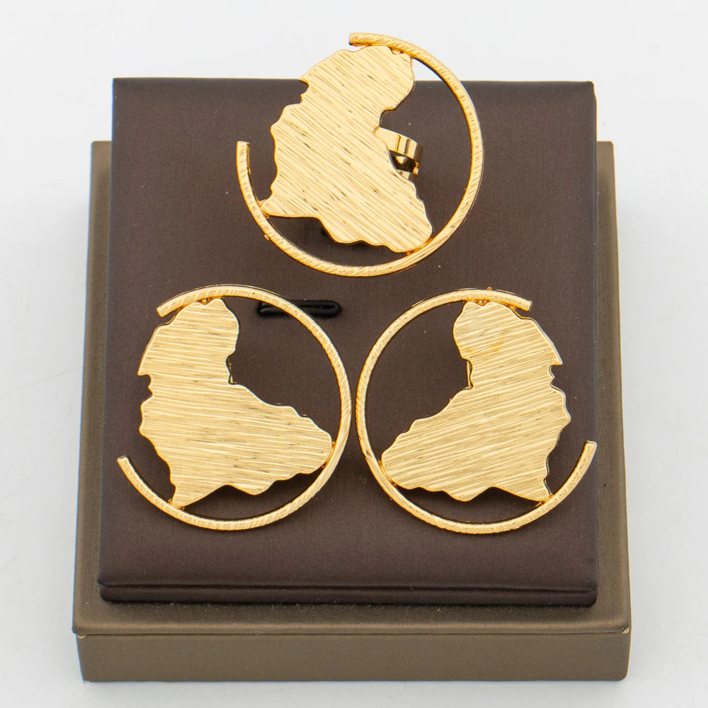 Afrikanisches Goldschmuckset für Damen, Landkarten-Design, Clip-Ohrringe, Fingerring, 2-teiliges Set für Hochzeiten, Braut-Ohrring-Schmuckset