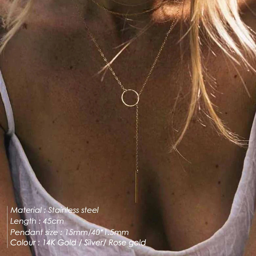 Collar minimalista de barra redonda con colgante para mujer, collar de perlas para clavícula, hojas, cadena larga, joyería de moda, regalo para chica
