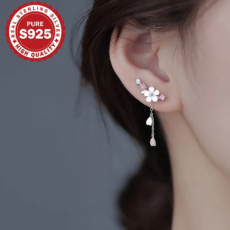 Pendientes de borla de flor de cerezo de plata esterlina S925, lindos, elegantes, estilo coreano, versátiles, clásicos, tipo colgante, hipoalergénicos