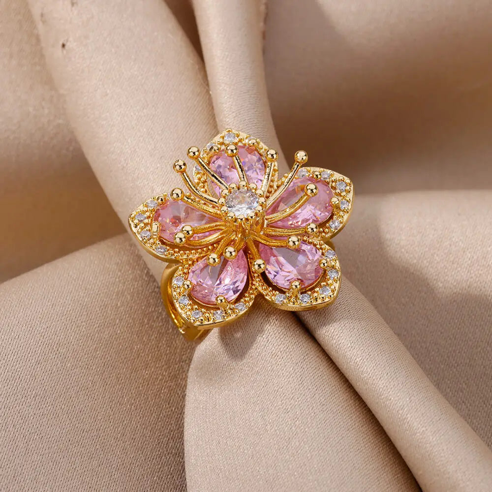 Filigrane Zirkon-Blumenringe für Damen Edelstahlring 2024 Neuer Trend Elegante luxuriöse ästhetische Schmuck-Anillos