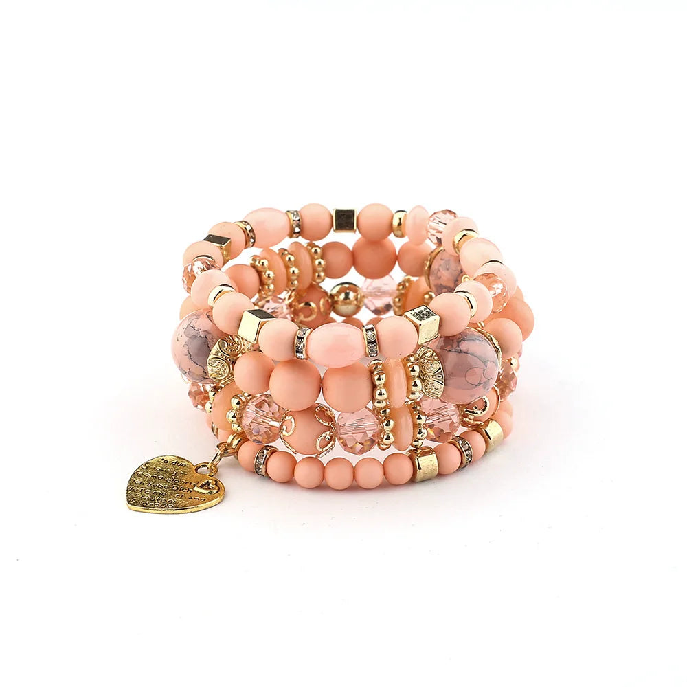 4-teiliges Set Boho Ethno Herz Perlenarmband Set für Damen Handgemachte Kristallperlenkette Armreif Weiblicher Böhmischer Schmuck Geschenk
