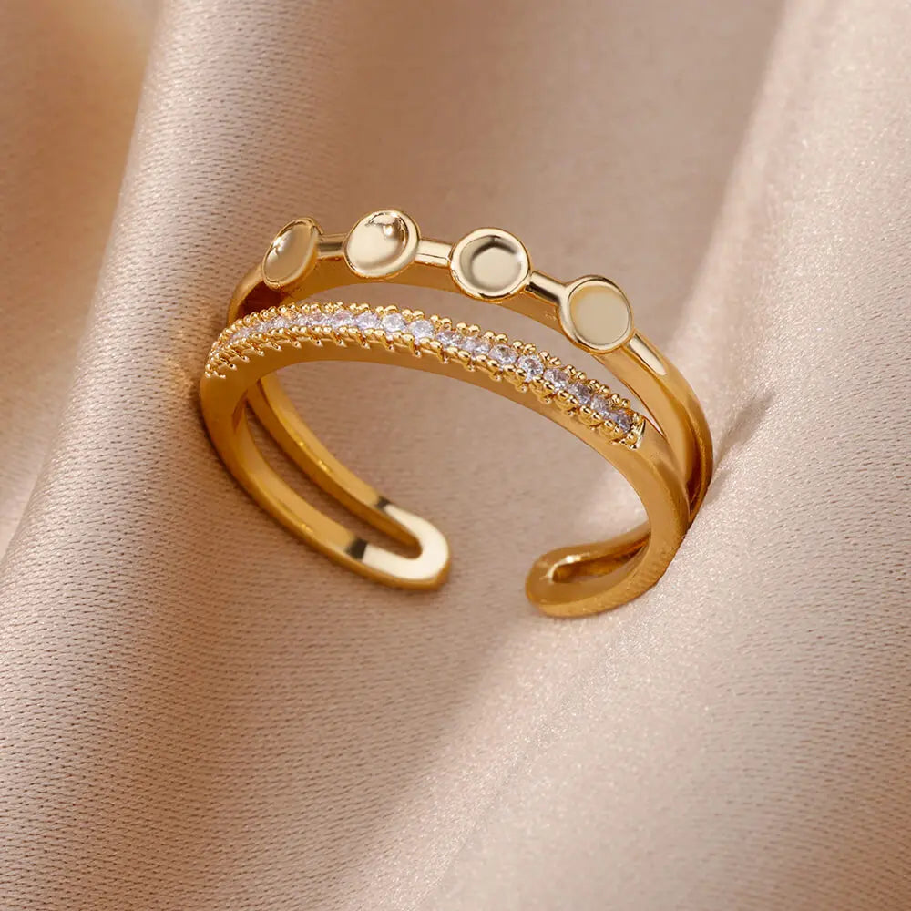 Anillos de acero inoxidable de color dorado a la moda para mujer, cadena hueca de cristal de circón, joyería para dedo, regalo 2023, anillos mujer